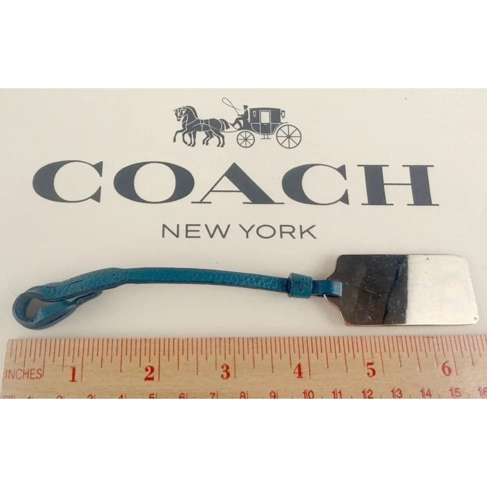 COACH|Medium|Brass Metal Purse Hang Tag Charm Blue Leather Strap Engraved 2.25x1
